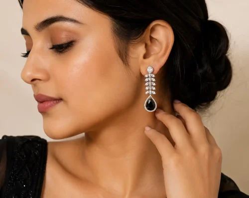 Black Crystal Leaf Drop Earrings for Women | Party Wear Dangle Earrings